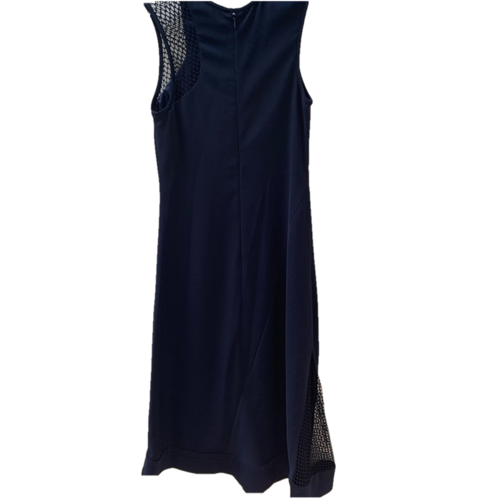 Nomia Navy sleeveless midi with black netting insert at shoulder, asymmetric hem